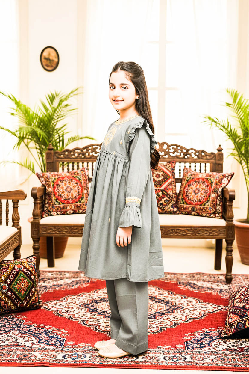 Embroidered Frock Style Kurta Set-Light Grey