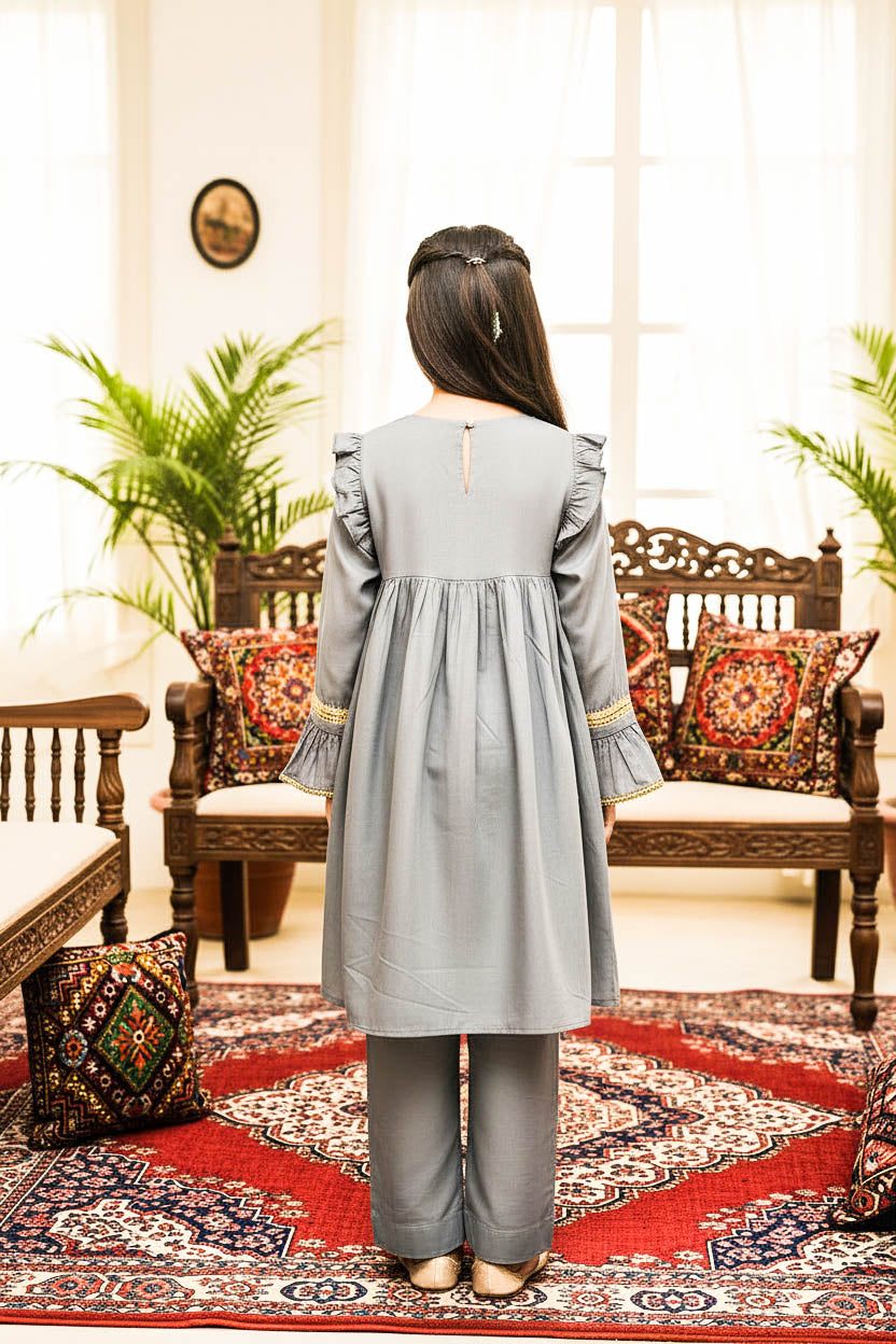 Embroidered Frock Style Kurta Set-Light Grey