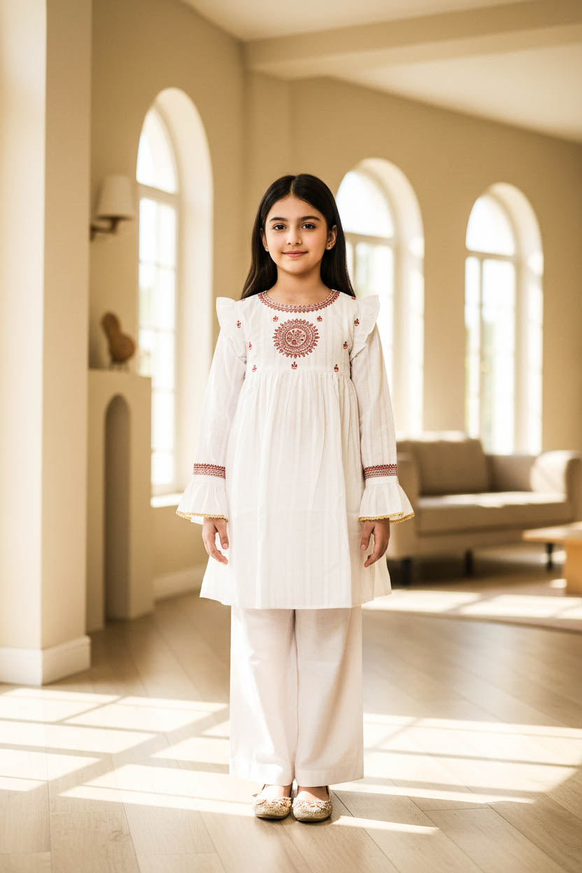 Embroidered Frock Style Kurta Set-Textured White
