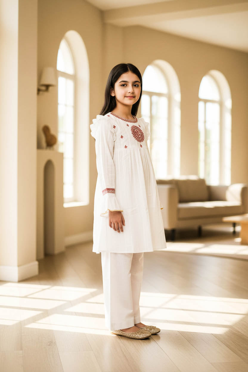 Embroidered Frock Style Kurta Set-Textured White