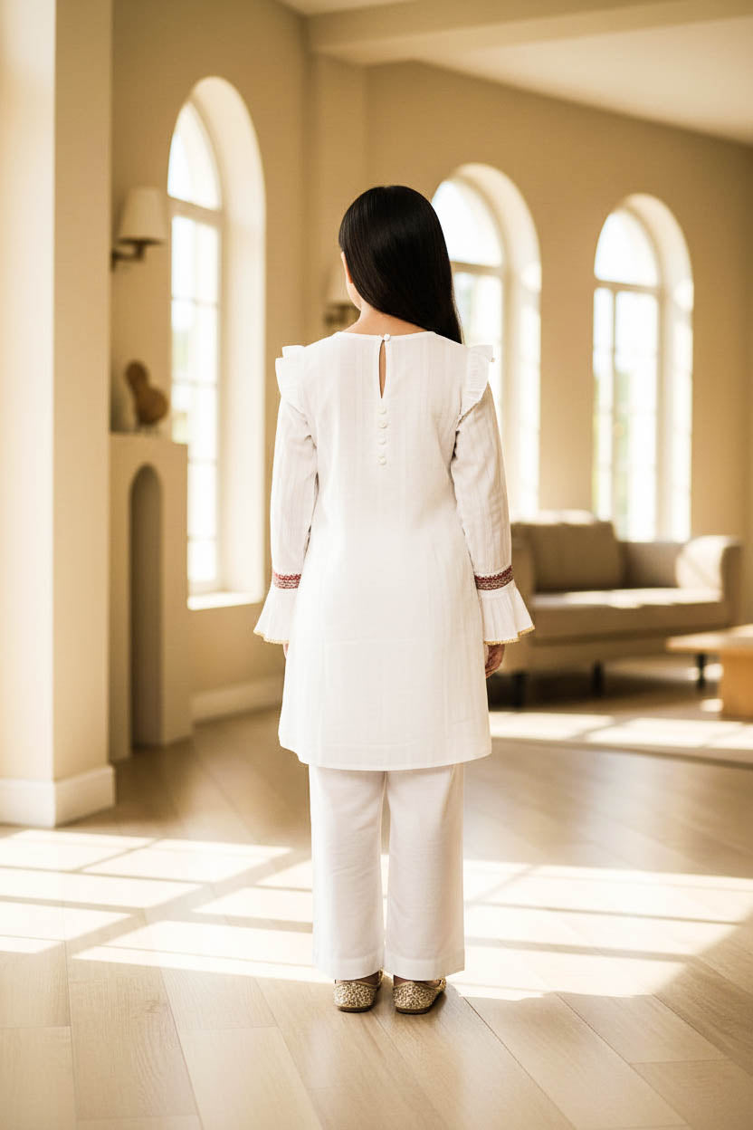 Embroidered Frock Style Kurta Set-Textured White