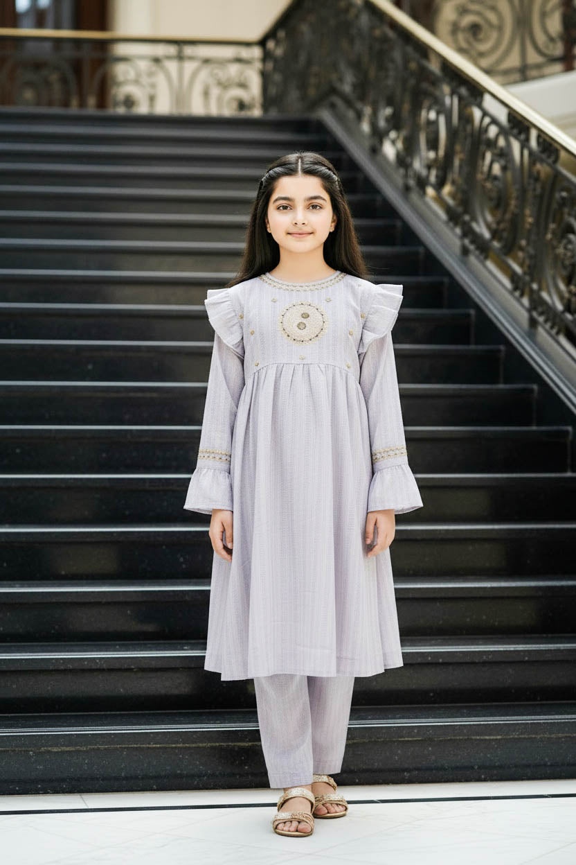 Embroidered Frock Style Kurta Set-Textured Ash Grey