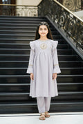 Embroidered Frock Style Kurta Set-Textured Ash Grey