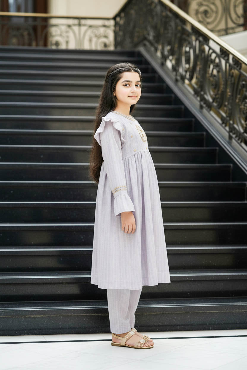 Embroidered Frock Style Kurta Set-Textured Ash Grey