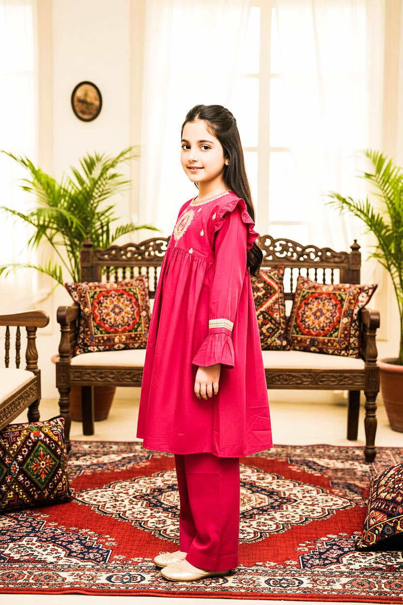 Embroidered Frock Style Kurta Set-Shocking Pink