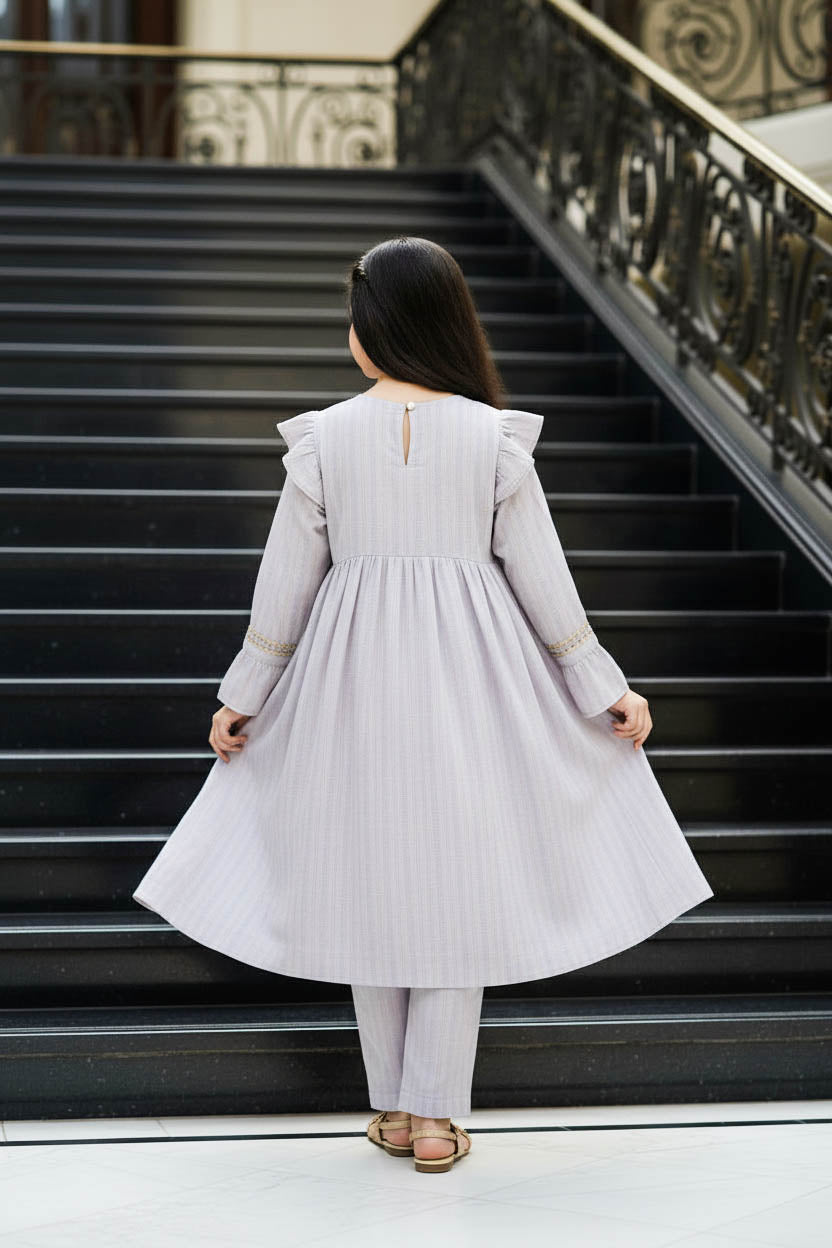 Embroidered Frock Style Kurta Set-Textured Ash Grey