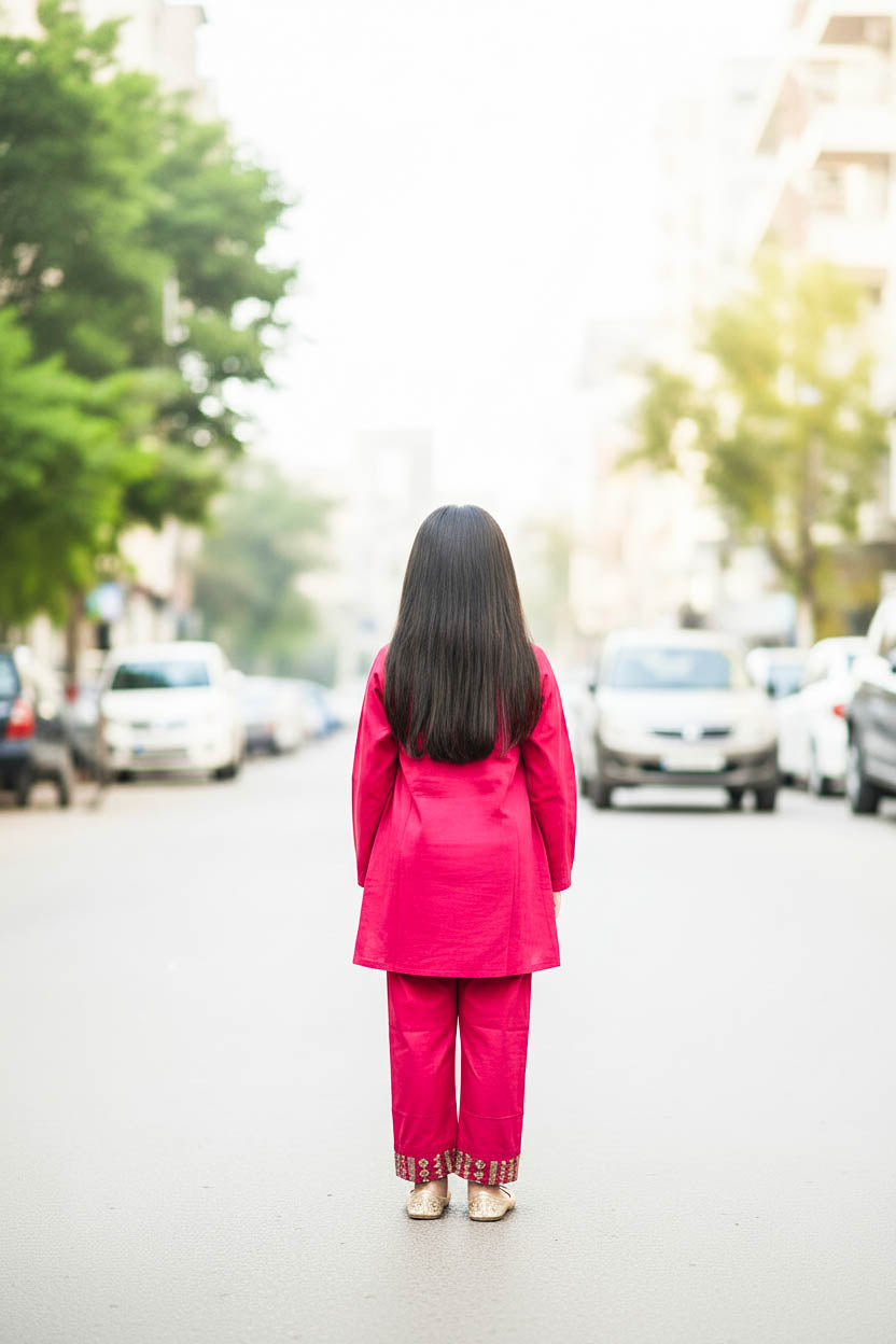 Elegant High Neck Style Kurta Set-Shocking Pink