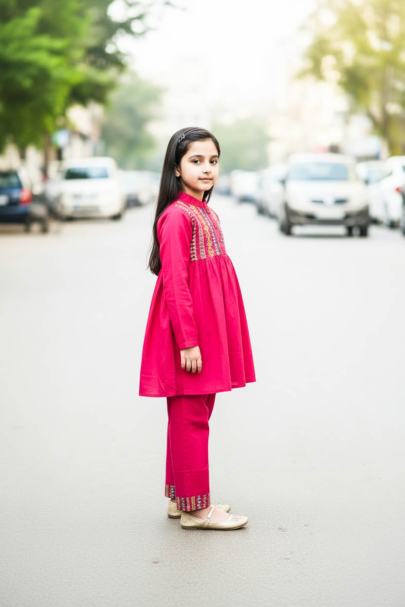 Elegant High Neck Style Kurta Set-Shocking Pink