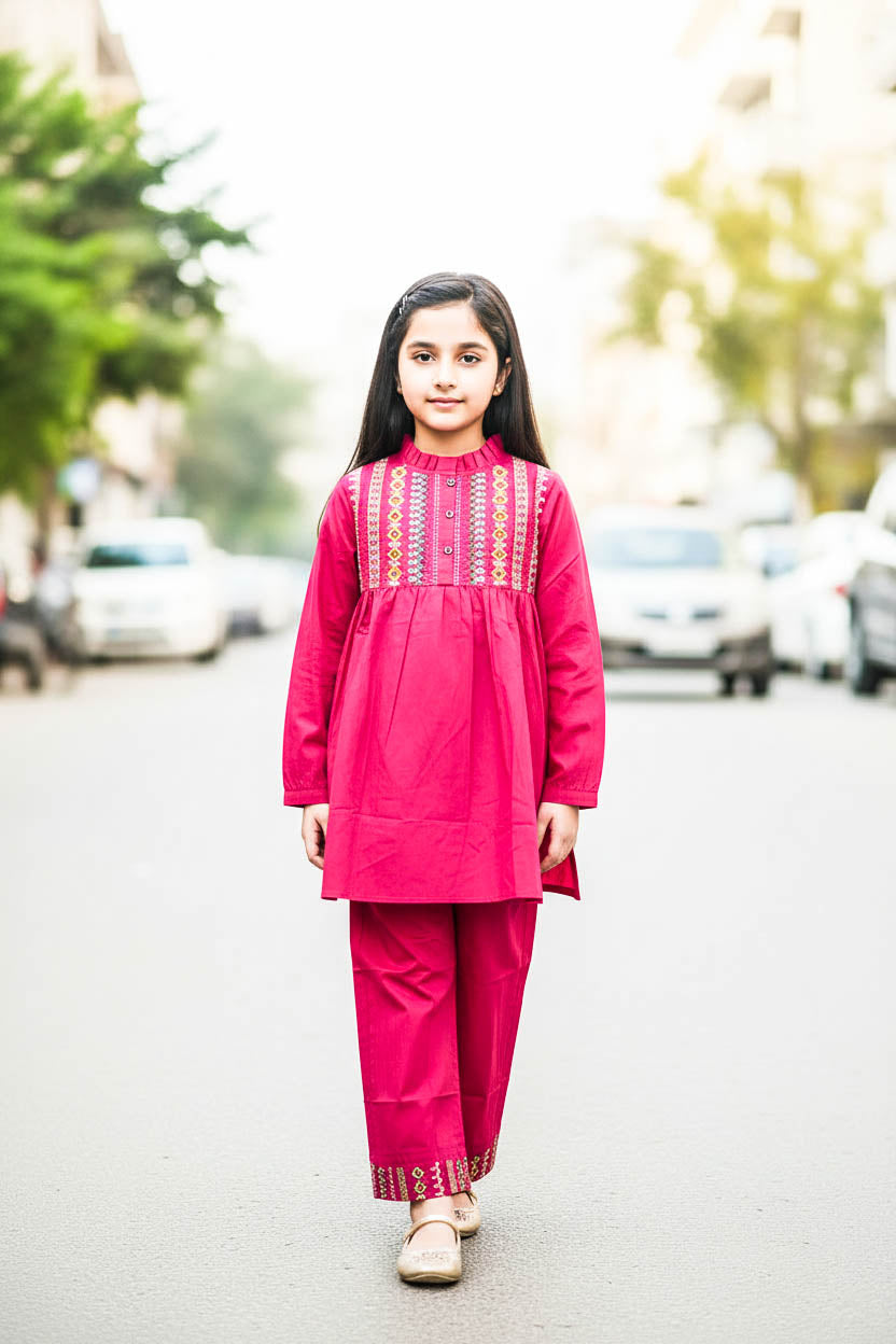 Elegant High Neck Style Kurta Set-Shocking Pink