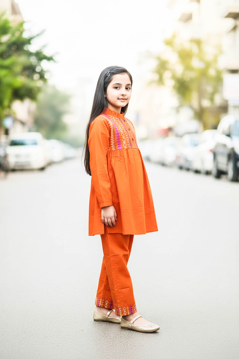 Elegant High Neck Style Kurta Set-Shocking Orange