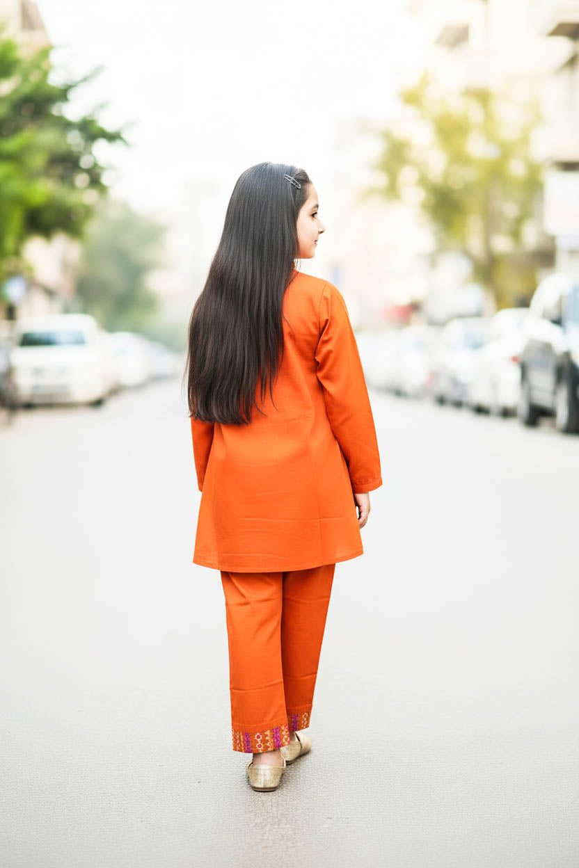 Elegant High Neck Style Kurta Set-Shocking Orange