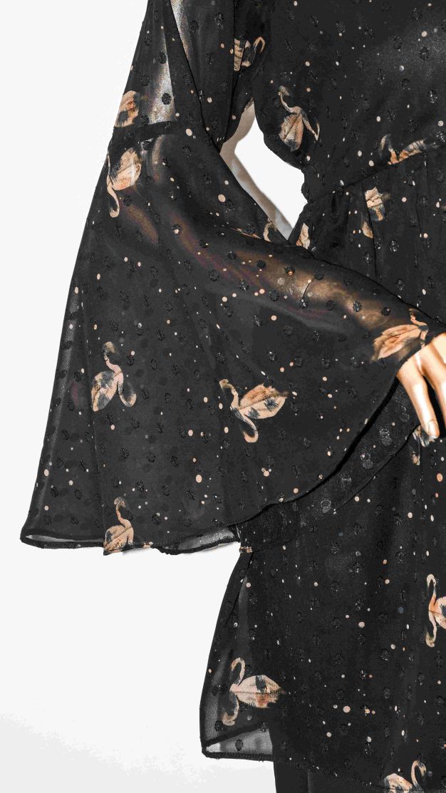 Co-Ord Set Bell Sleeves Floral Leaf On Black