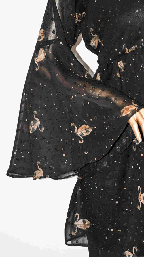 Co-Ord Set Bell Sleeves Floral Leaf On Black