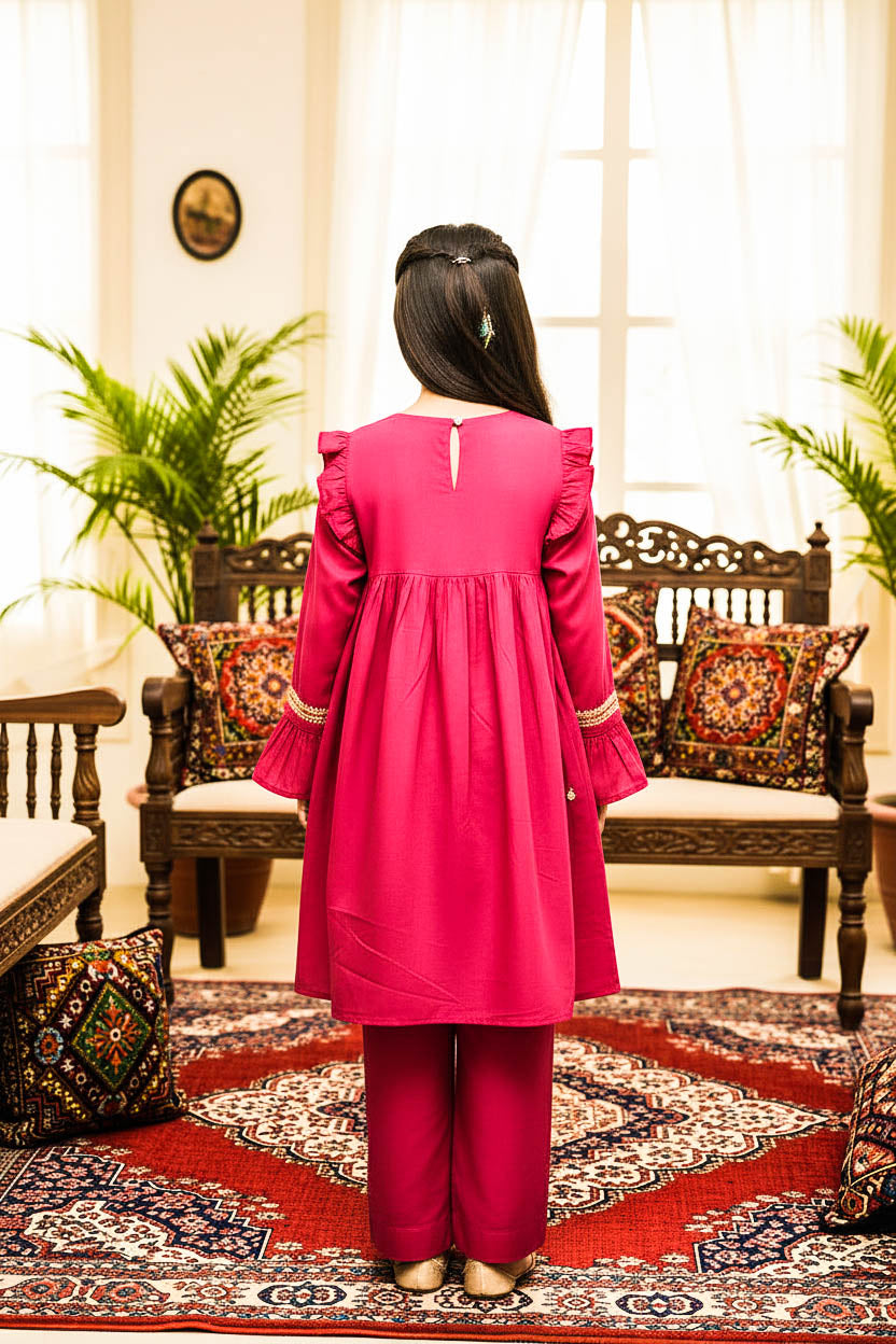 Embroidered Frock Style Kurta Set-Shocking Pink