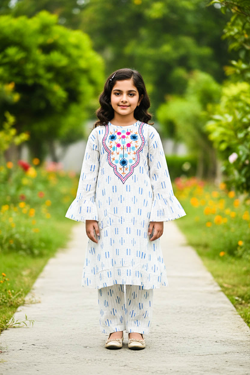 Printed Kurta Set-Taffeta White