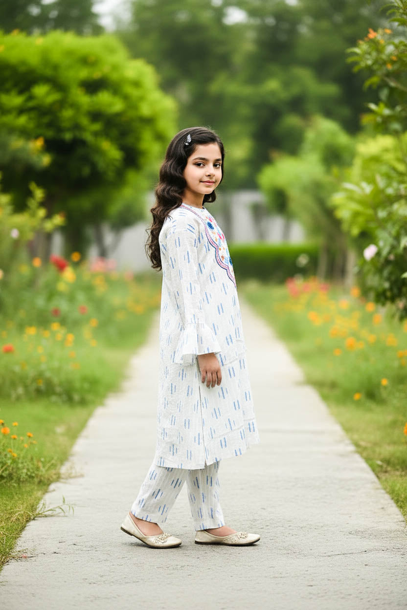 Printed Kurta Set-Taffeta White