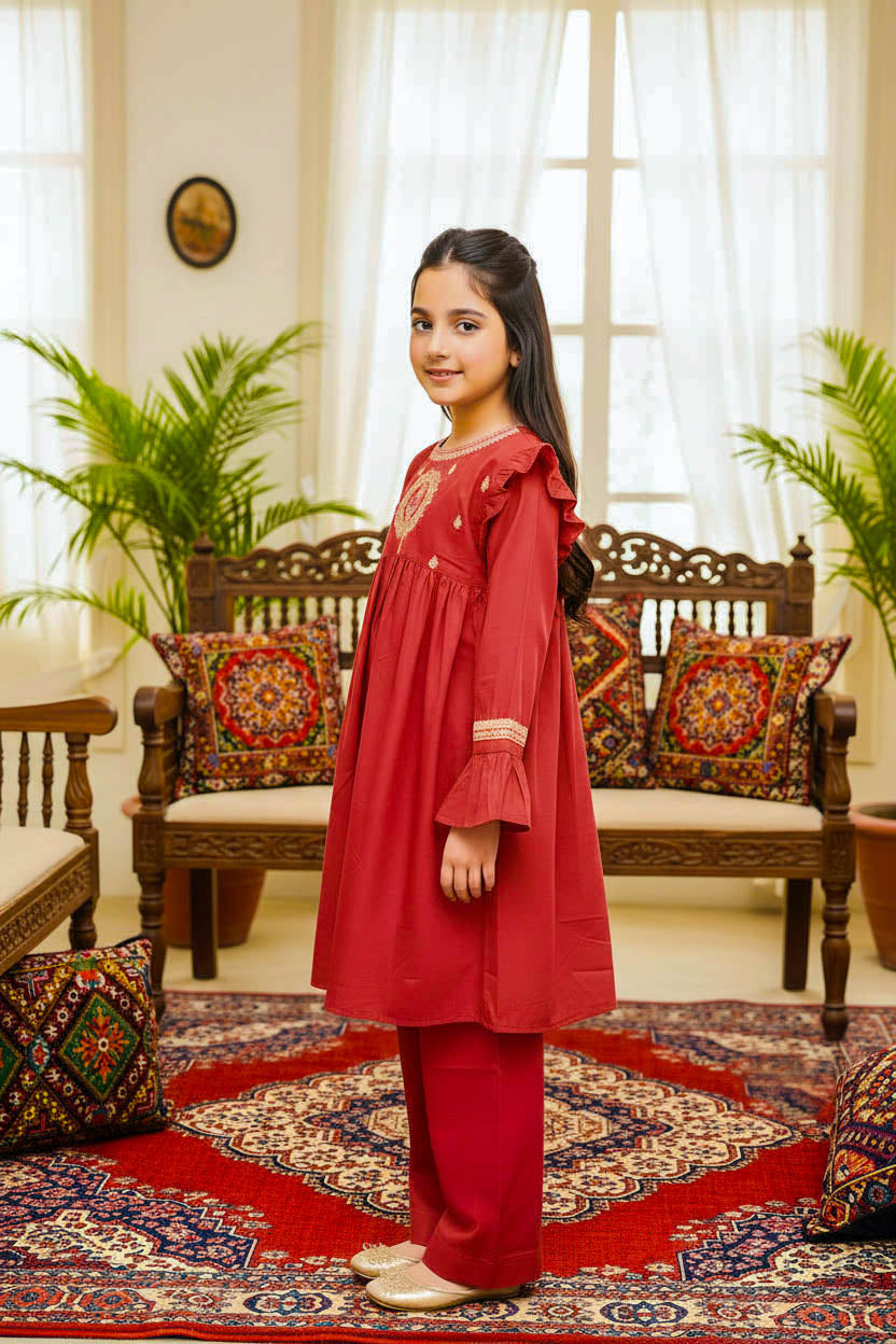 Embroidered Frock Style Kurta Set-Dusty Red