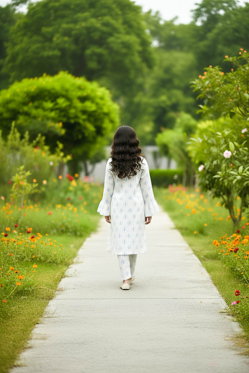 Printed Kurta Set-Taffeta White