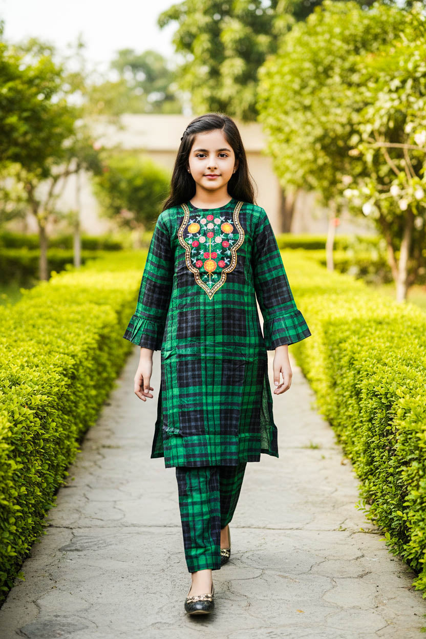 Printed Kurta Set-Bottle Green Check