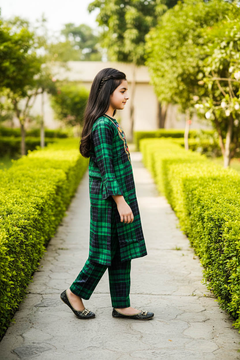 Printed Kurta Set-Bottle Green Check