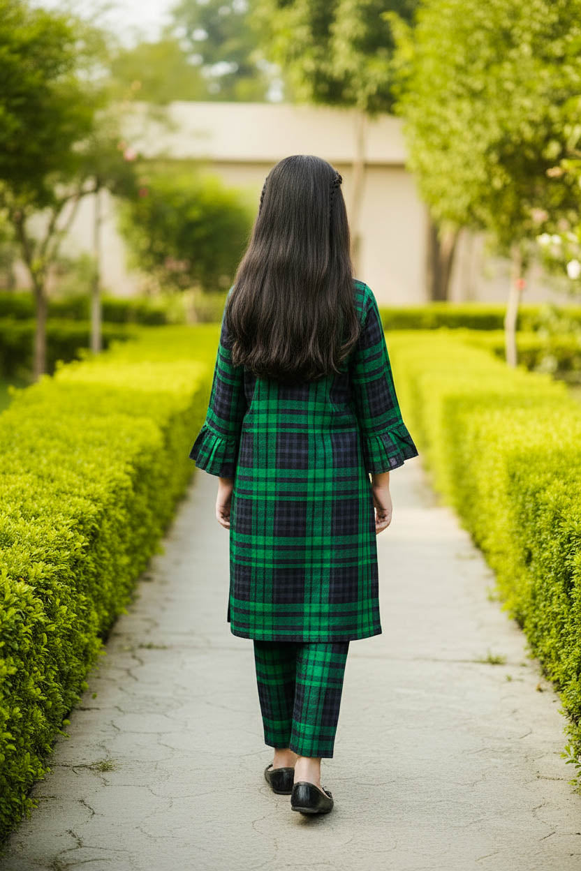 Printed Kurta Set-Bottle Green Check