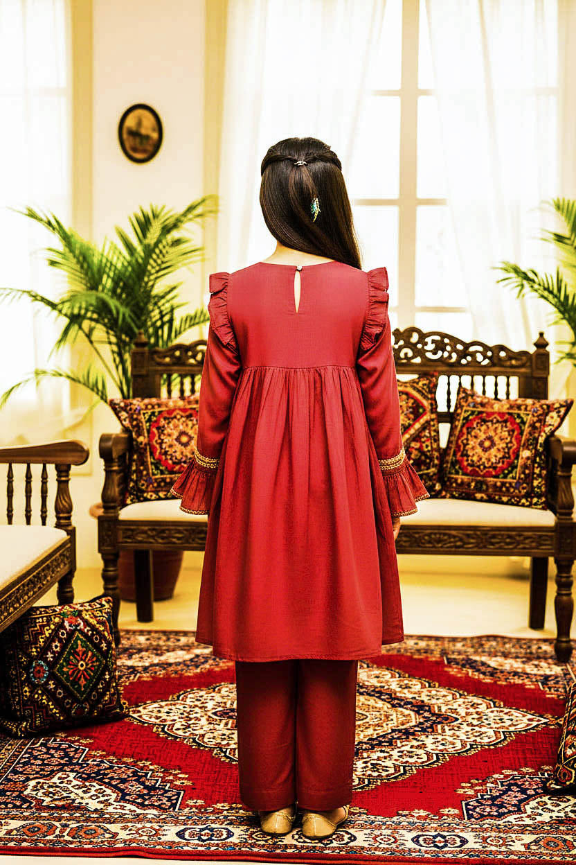 Embroidered Frock Style Kurta Set-Dusty Red