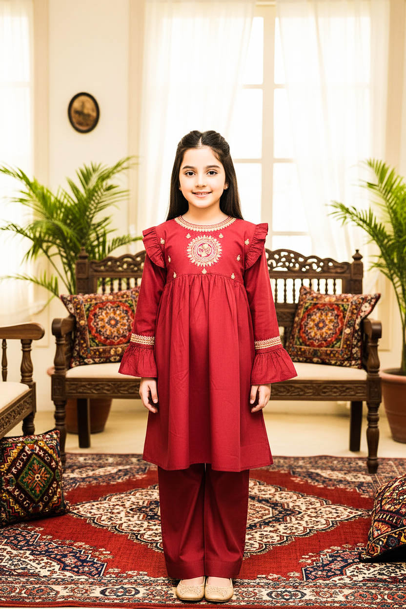 Embroidered Frock Style Kurta Set-Dusty Red
