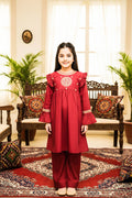 Embroidered Frock Style Kurta Set-Dusty Red