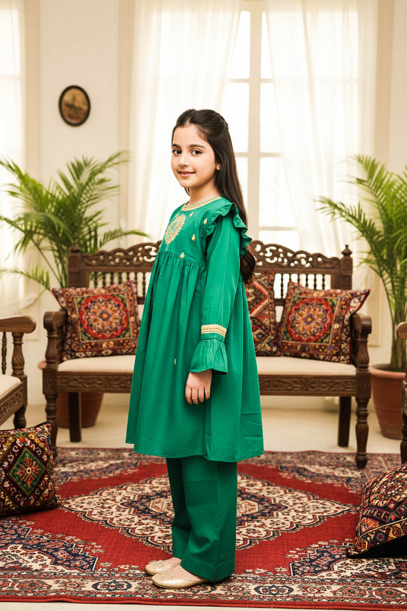 Embroidered Frock Style Kurta Set-Emerald Green