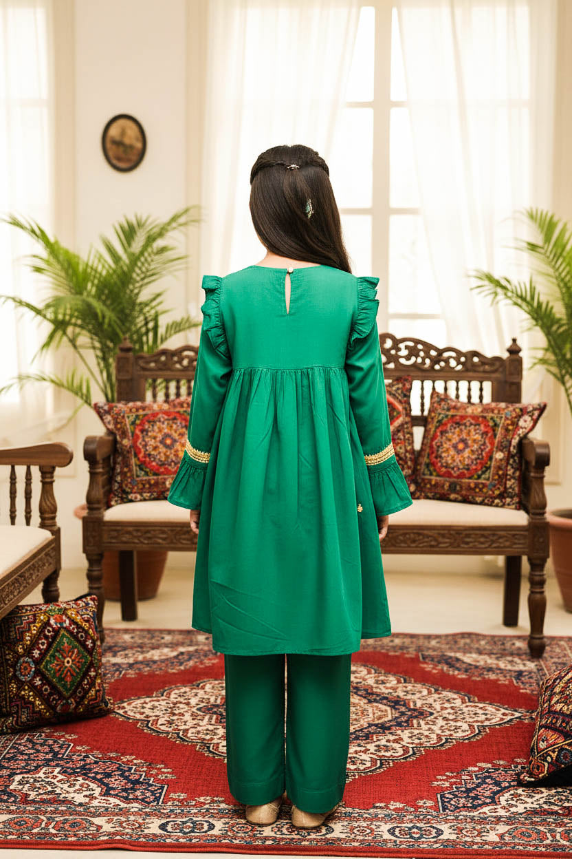 Embroidered Frock Style Kurta Set-Emerald Green