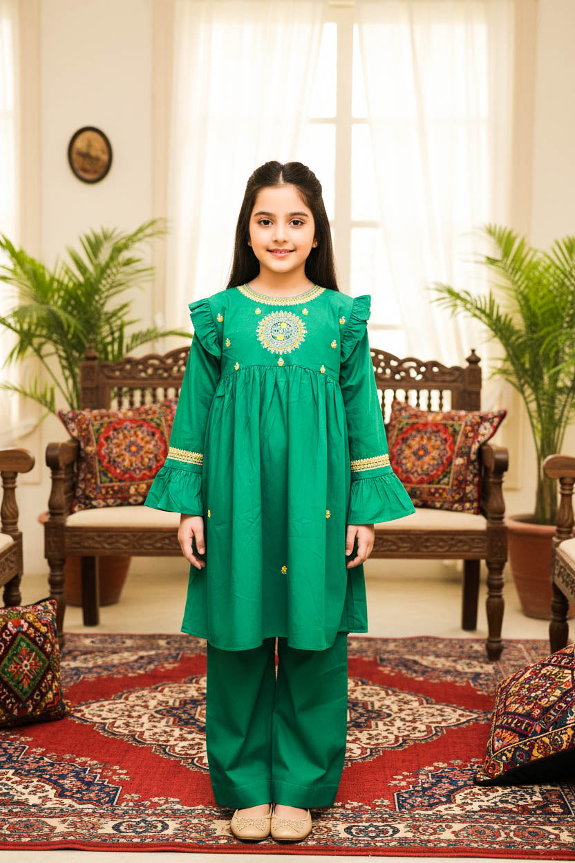 Embroidered Frock Style Kurta Set-Emerald Green