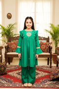 Embroidered Frock Style Kurta Set-Emerald Green
