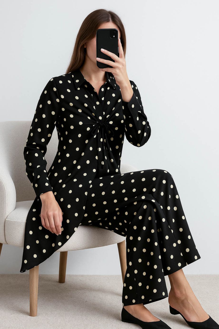 Co-Ord Set Collar Neck-Black Polka Dot
