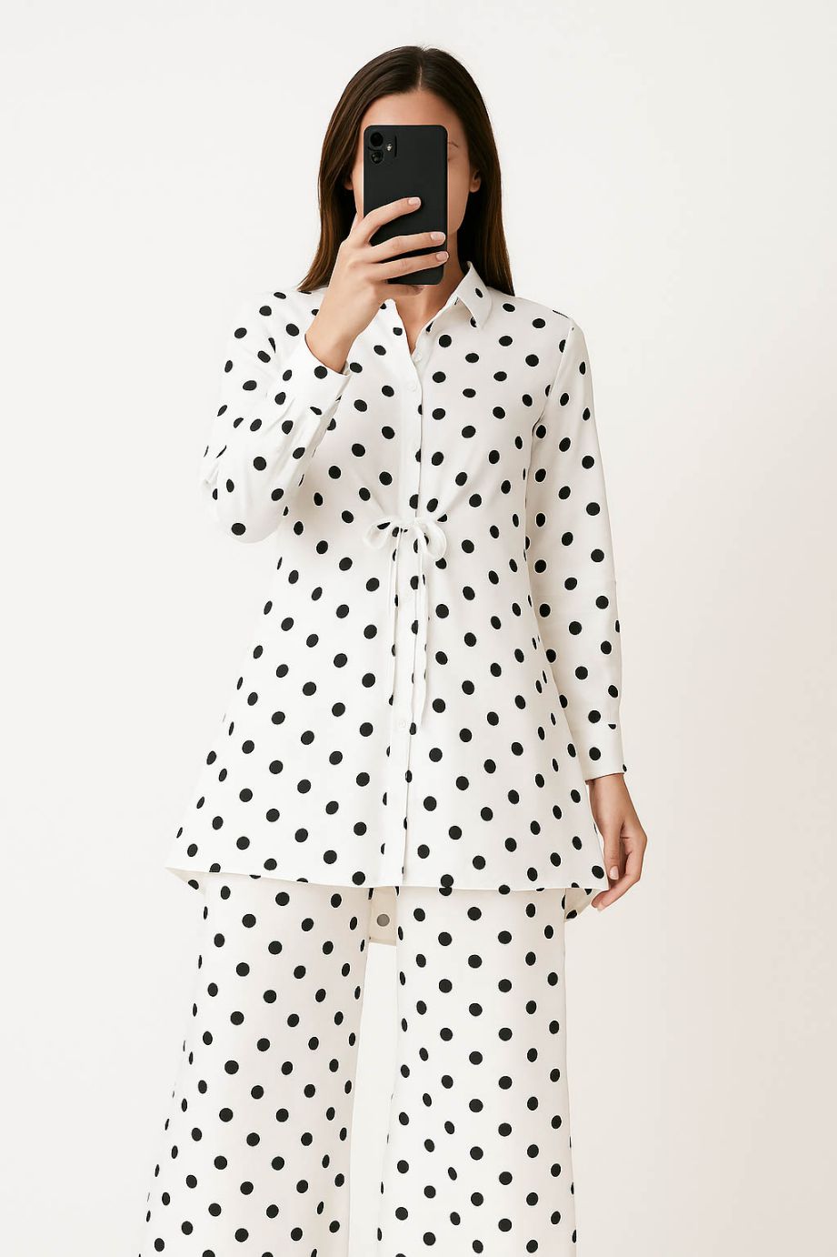 Co-Ord Set Collar Neck-White Polka Dot