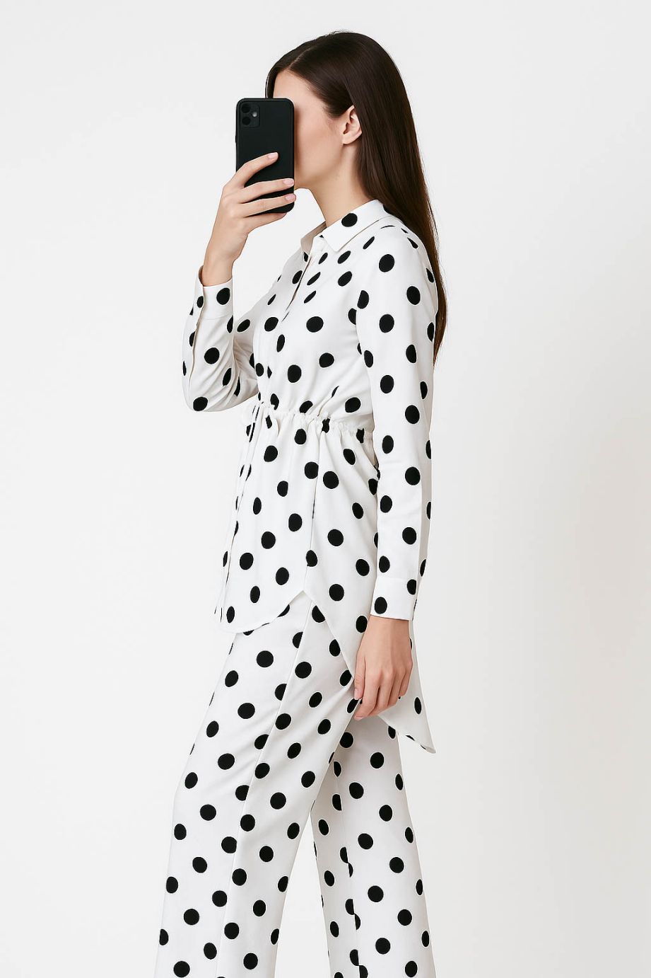 Co-Ord Set Collar Neck-White Polka Dot