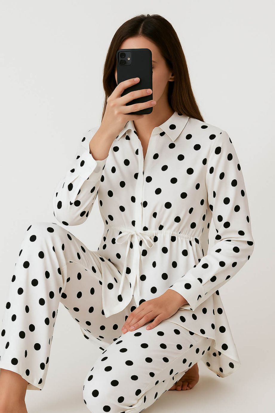 Co-Ord Set Collar Neck-White Polka Dot