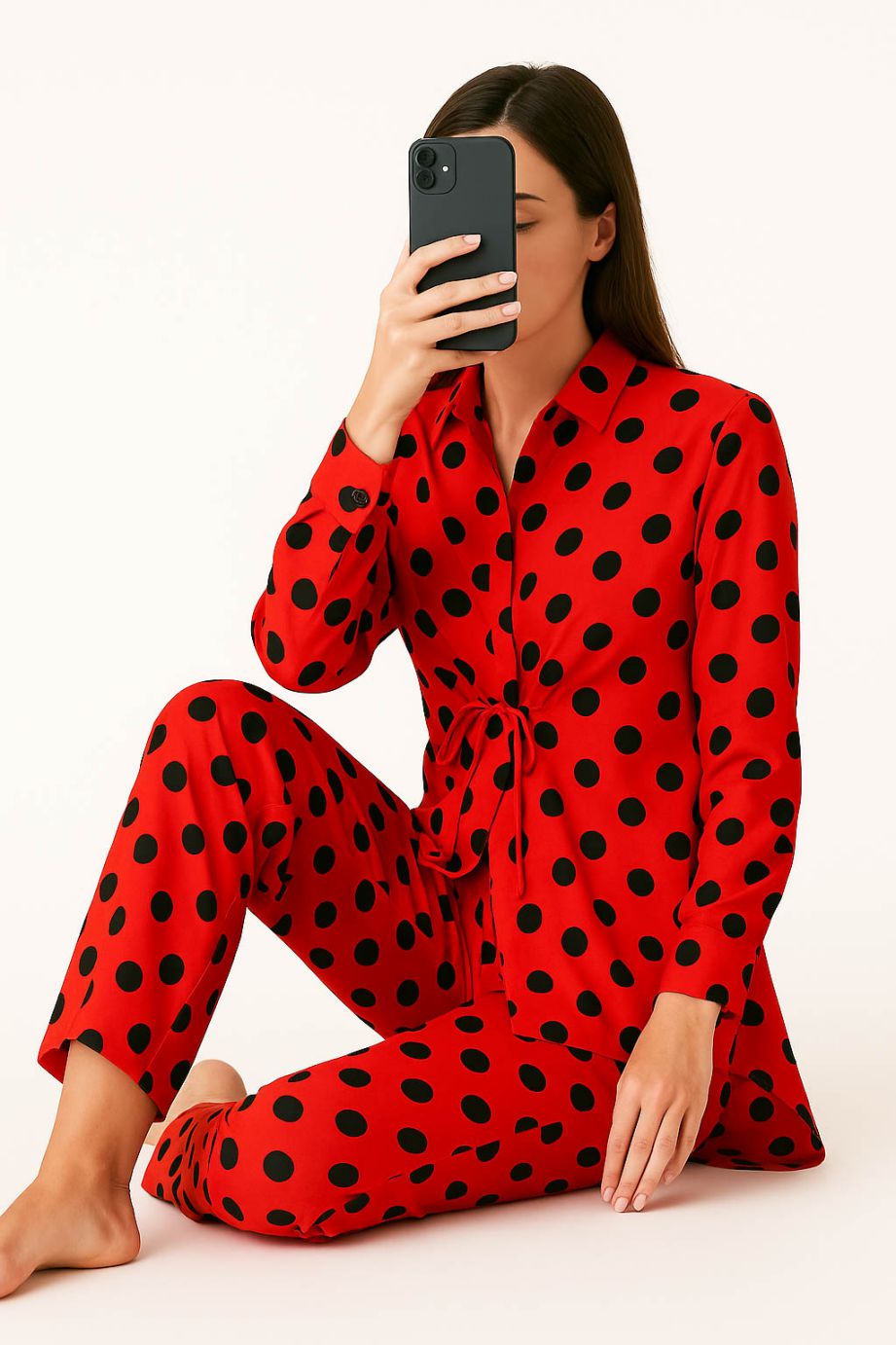 Co-Ord Set Collar Neck-Red Polka Dot