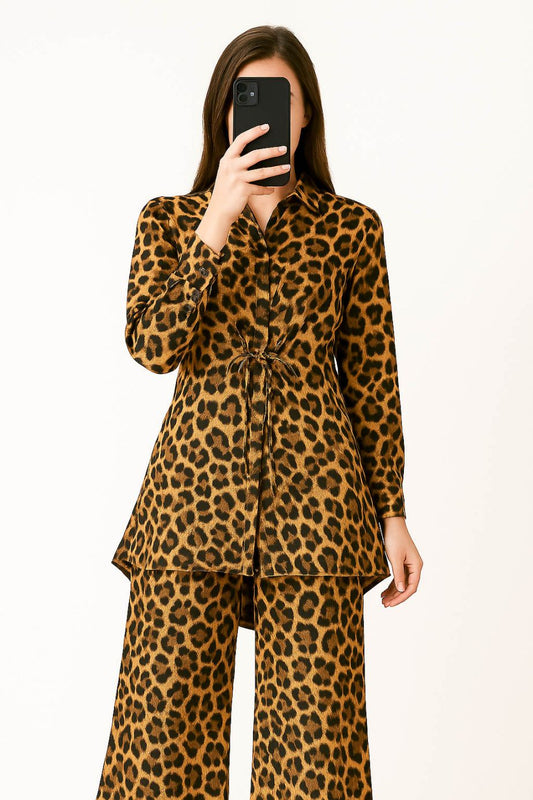 Co-Ord Set Collar Neck-Brown Tiger print