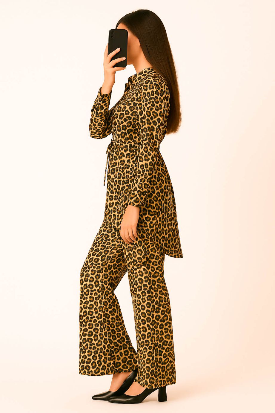 Co-Ord Set Collar Neck-Brown Tiger print