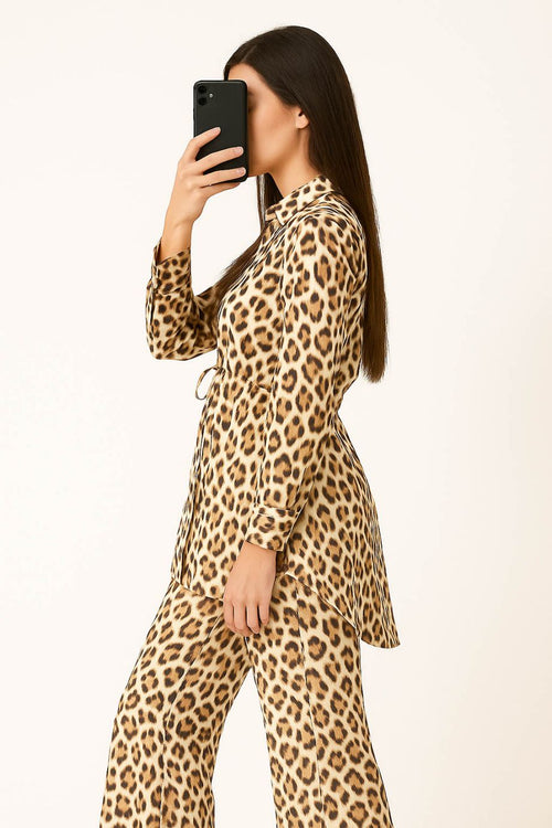 Co-Ord Set Collar Neck-Beige Tiger print