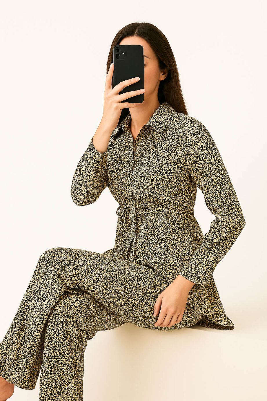 Co-Ord Set Collar Neck-Beige n Black