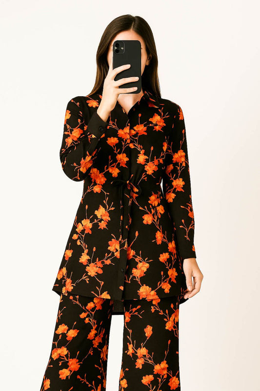 Co-Ord Set Collar Neck-Brown Floral