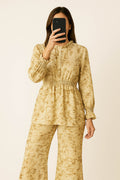 Co-Ord Set Frilled Neck-Beige Print