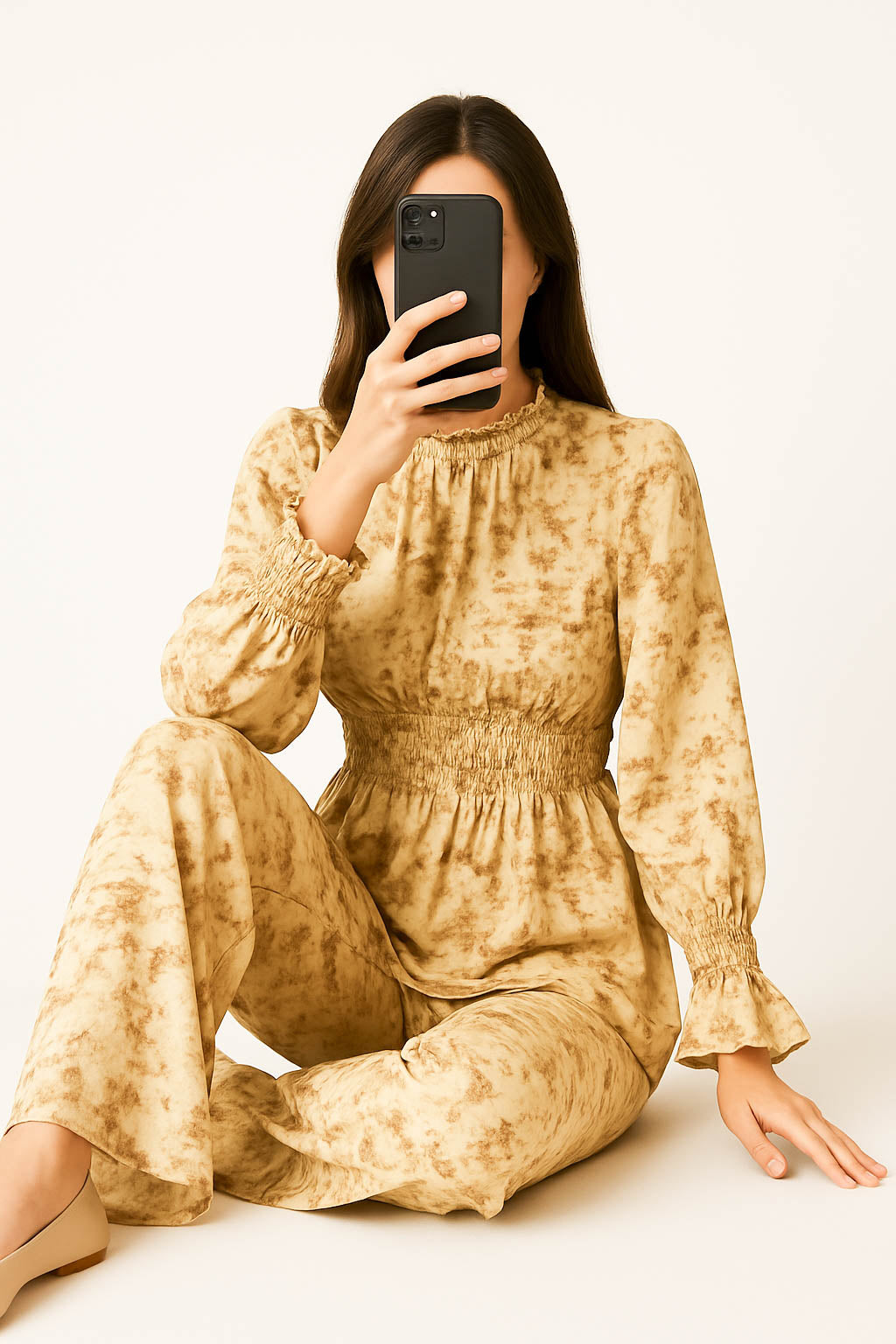 Co-Ord Set Frilled Neck-Beige Print