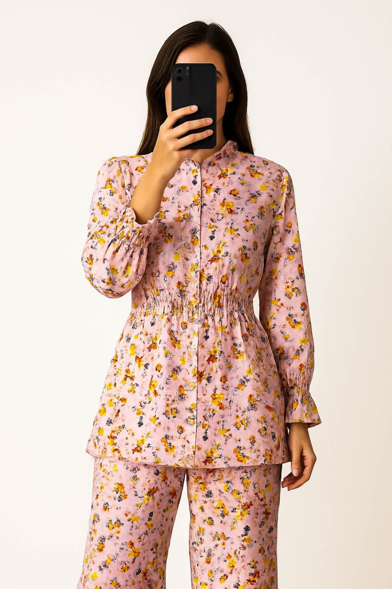 Co-Ord Set Frilled Neck-Baby Pink Floral