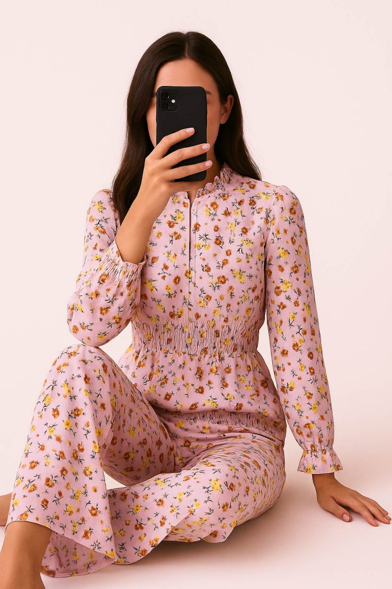 Co-Ord Set Frilled Neck-Baby Pink Floral