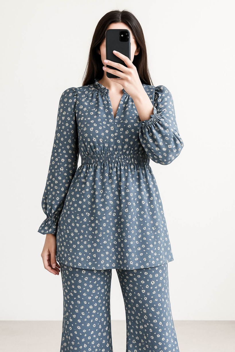 Co-Ord Set Frilled Neck-Grey Printed