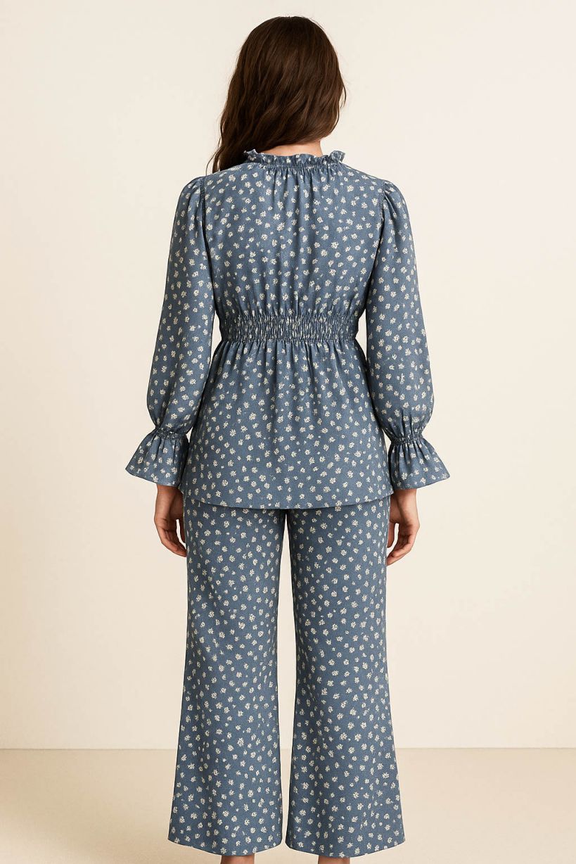 Co-Ord Set Frilled Neck-Grey Printed