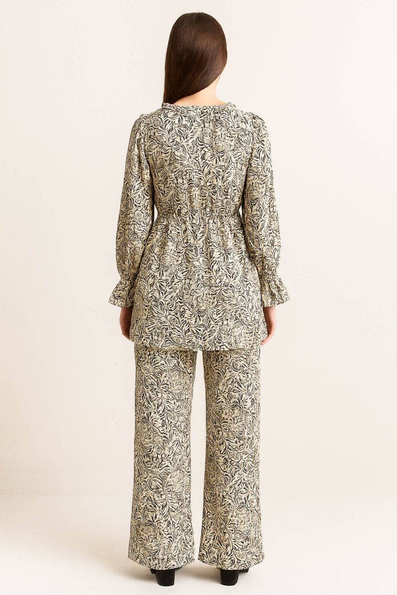 Co-Ord Set Frilled Neck-Black/Grey