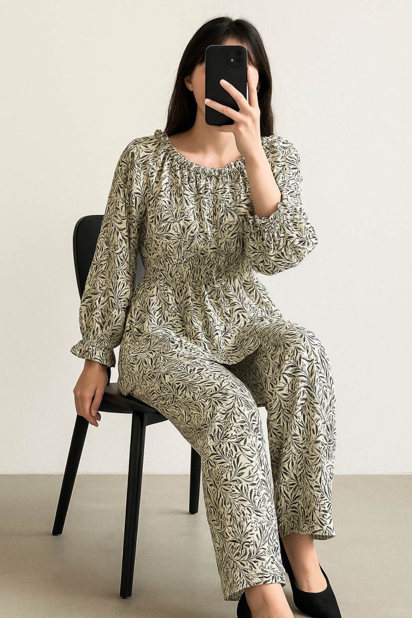 Co-Ord Set Frilled Neck-Black/Grey